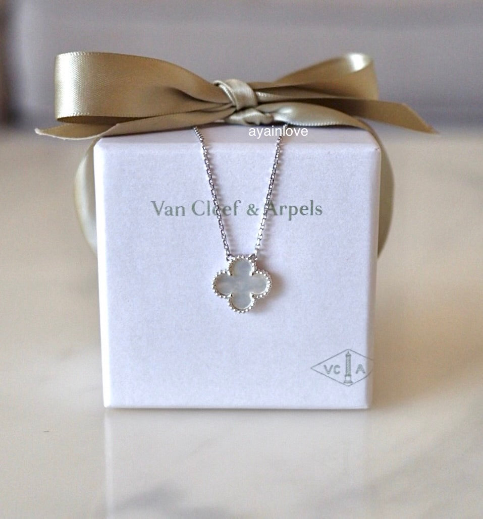 Van Cleef Arpels VCA White Mother of Pearl 18KT White Gold Vintage Alhambra Pendant Necklace
