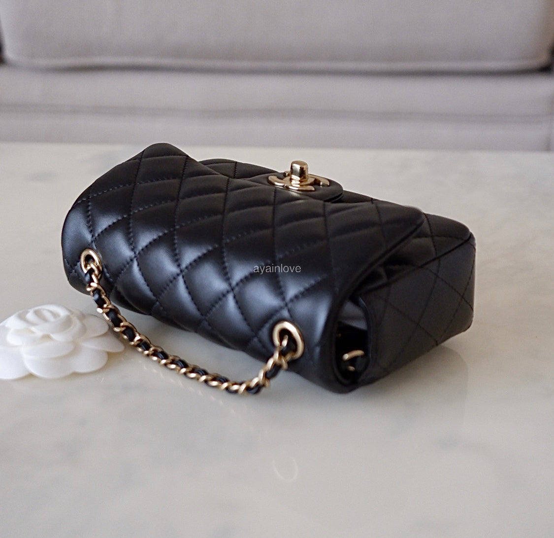 CHANEL 24K Black Lambskin Classic Rectangular Extra Mini 18cm Flap Light Gold Hardware