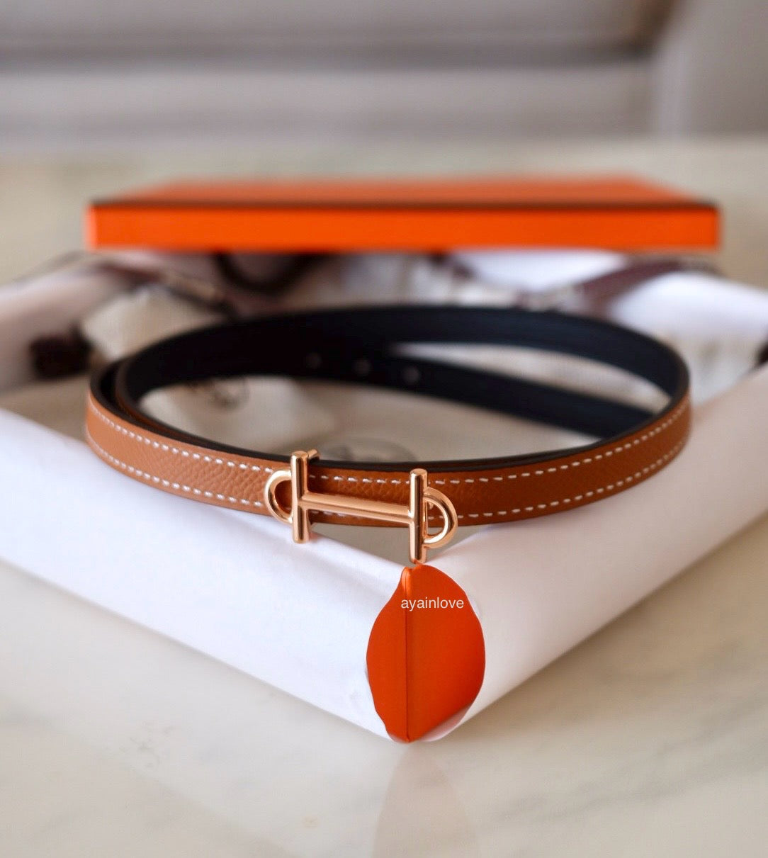 HERMES Gamma Belt Reversible Black/Gold Swift/Epsom Size 70 Rose Gold Hardware W Stamp