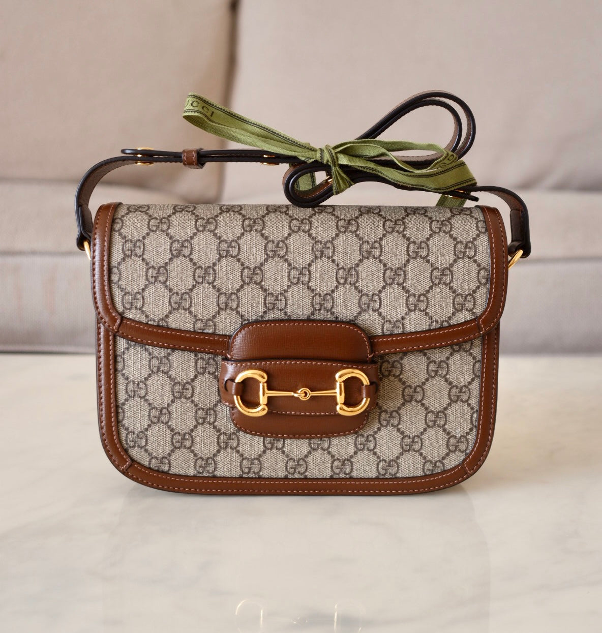 Gucci Horsebit 1955 Medium Brown GG Supreme Monogram Bag Gold Hardware