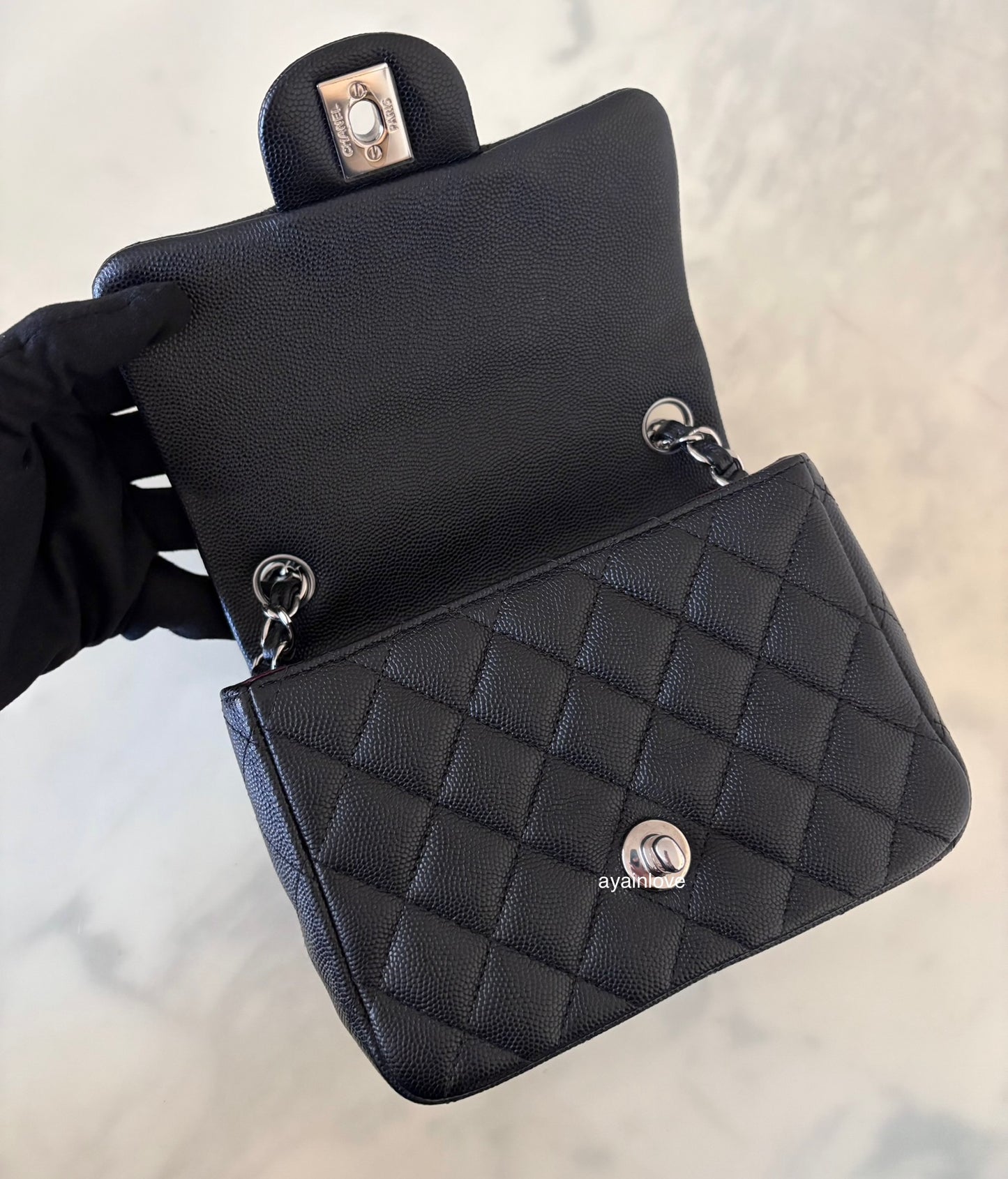 CHANEL 17B Black Caviar (Burgundy Interior) Quilted Square Mini Flap Bag Silver Hardware