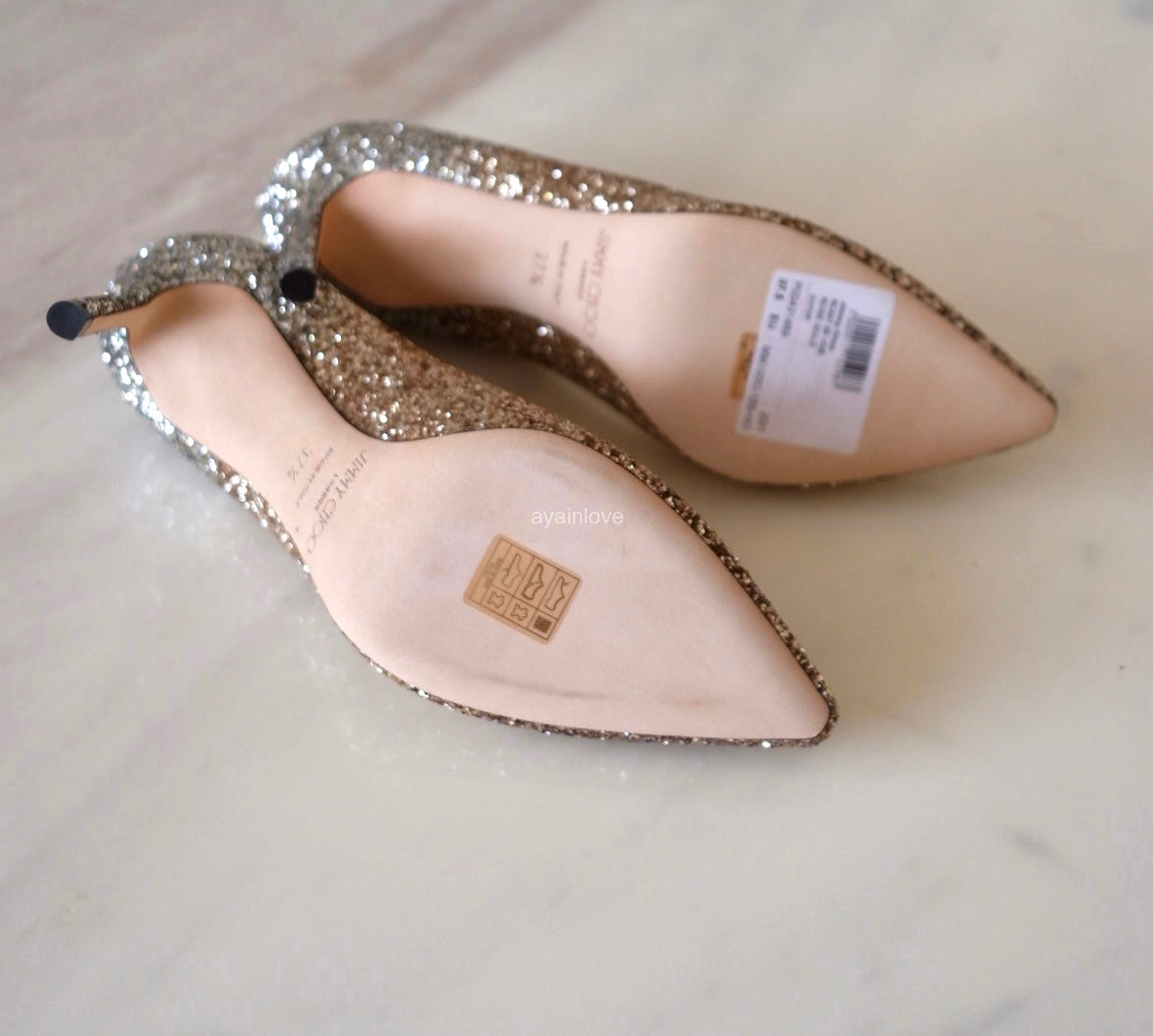 JIMMY CHOO Romy Triple Glitter Degradation Rose Gold, Gold and Silver Pumps Heel Shoes Size 37.5
