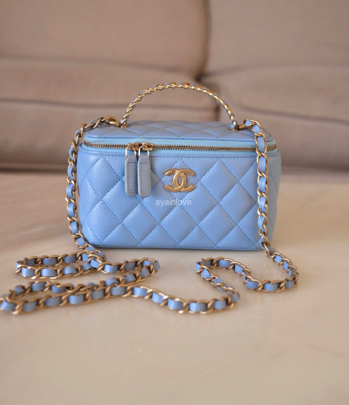 CHANEL 22S Pick Me Up Blue Caviar Top Handle Script Vanity Gold Hardware