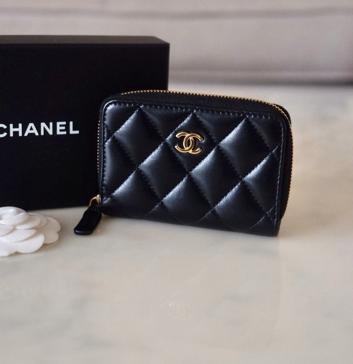 CHANEL Black Lamb Skin Zip Card Holder Gold Hardware