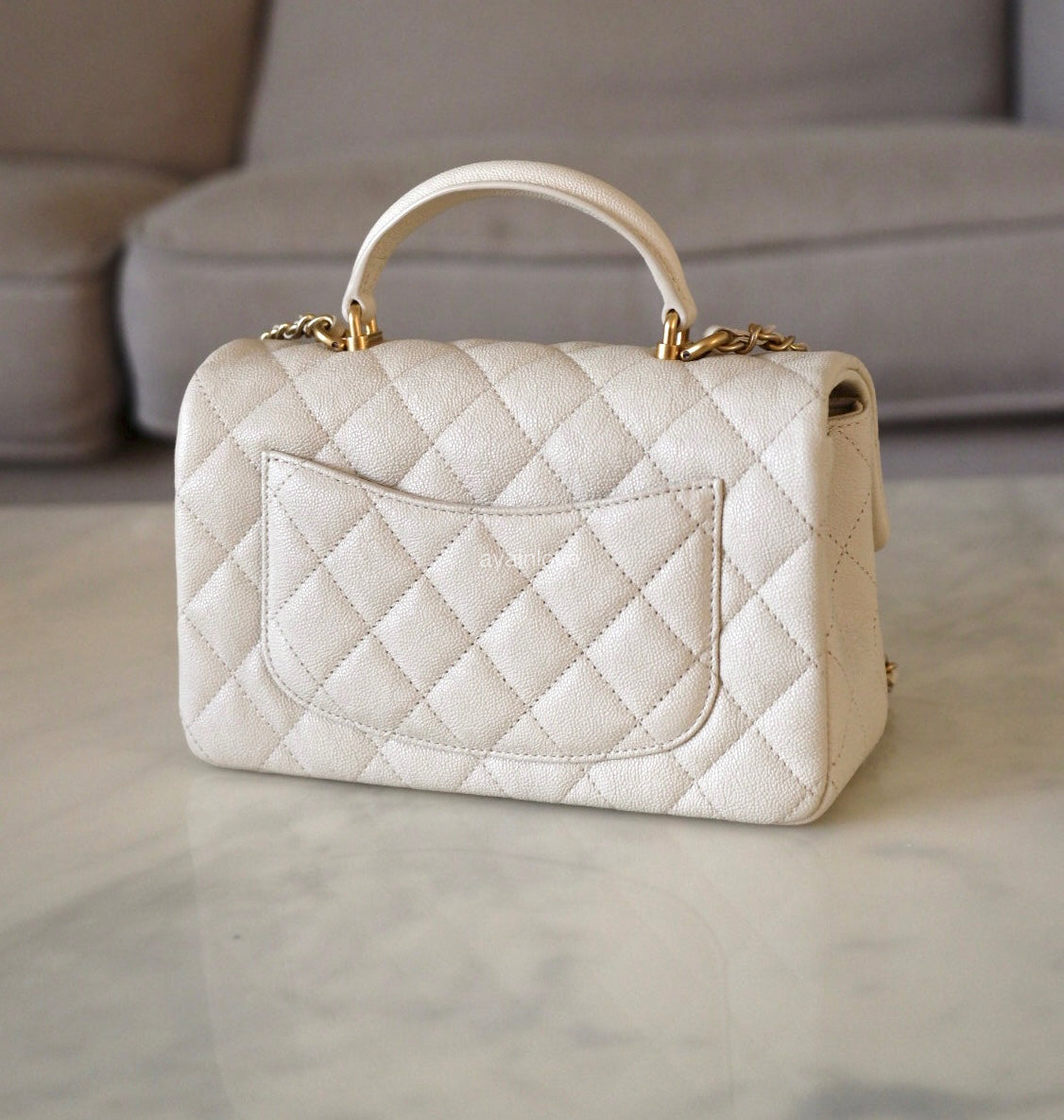 CHANEL 21S Light Beige Caviar Top Handle Rectangular Mini Bag Gold Hardware