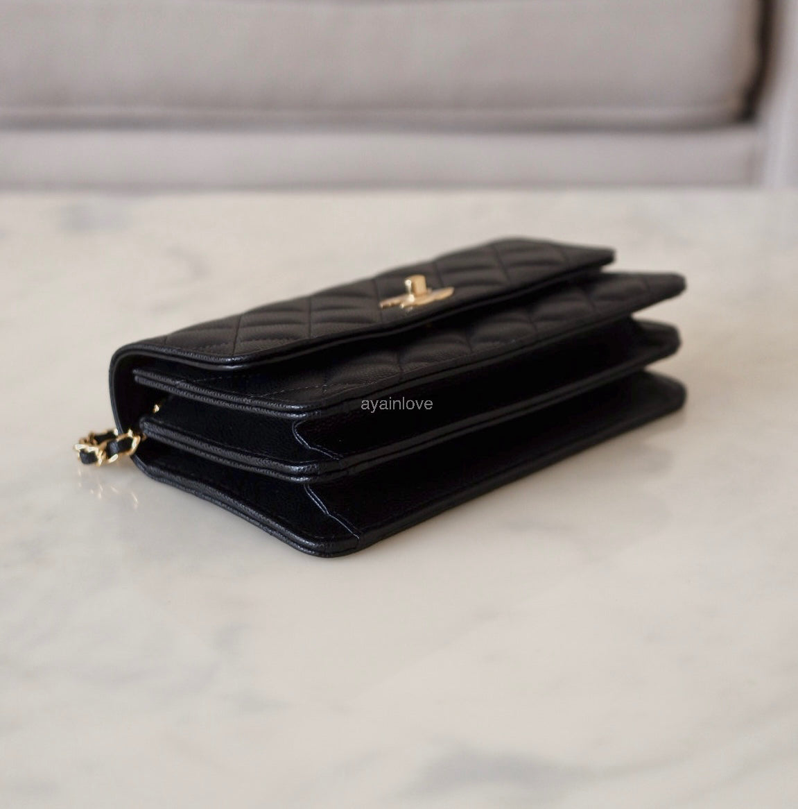 CHANEL 23S Black Caviar Wallet on Chain with Bag Charm Gold Hardware