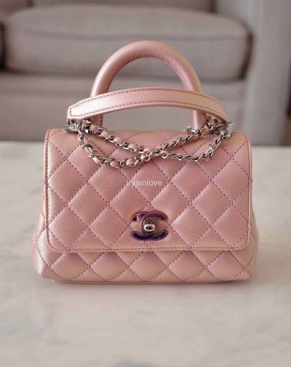 Chanel Coco Handle Bag Quilted Caviar Extra Mini Iridescent Blue