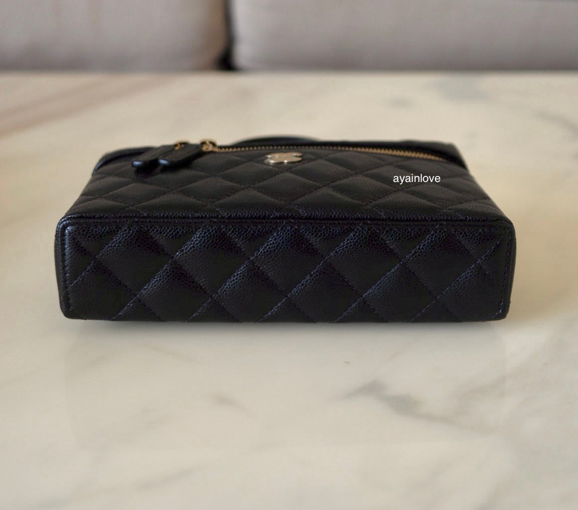 CHANEL Black Caviar Top Handle Flat Vanity on Chain Light Gold Hardware