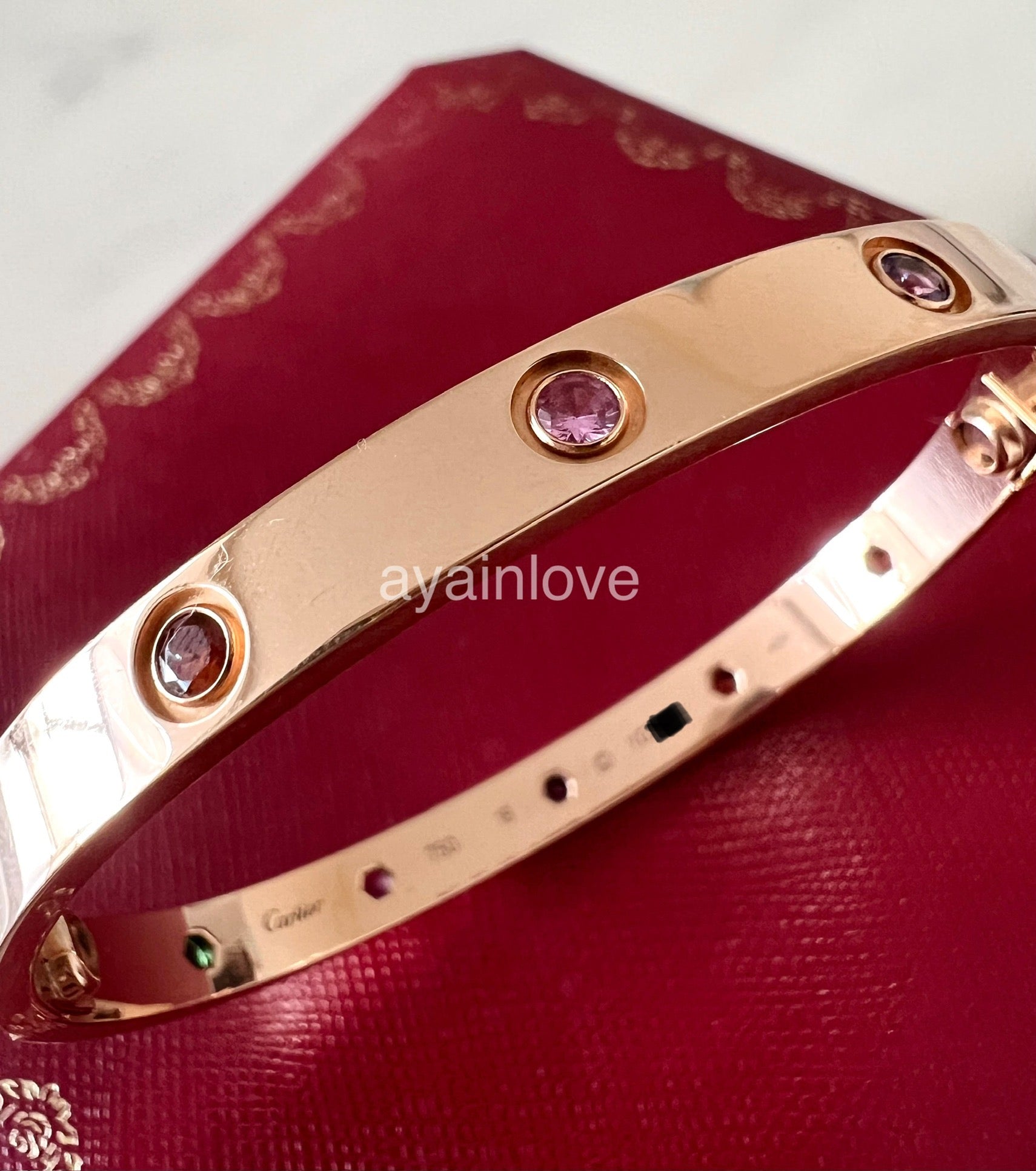 CARTIER 18KT Rose Gold LOVE 10 Rainbow Multi Color Gemstones Bracelet AYAINLOVE CURATED LUXURIES