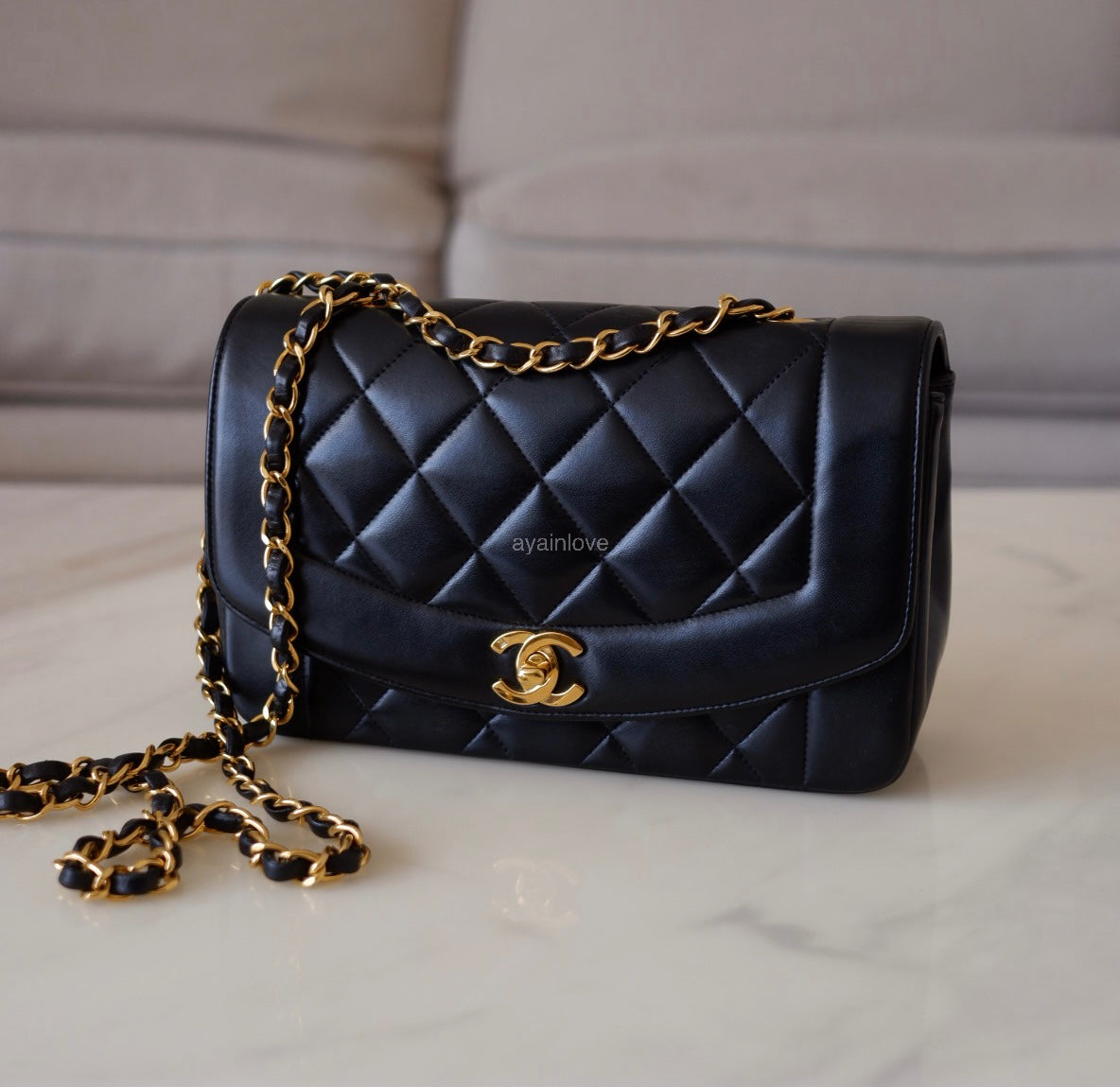 CHANEL Vintage Black Quilted Lambskin Small Diana Flap Bag 24KT Gold Plated Hardware Series 3