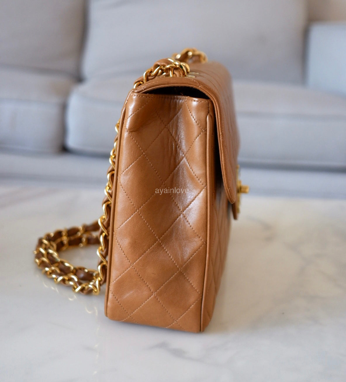 CHANEL Vintage Dark Beige Quilted Jumbo Classic Single Flap Oversized CC Bag 24KT Gold Plated Hardware Series 3