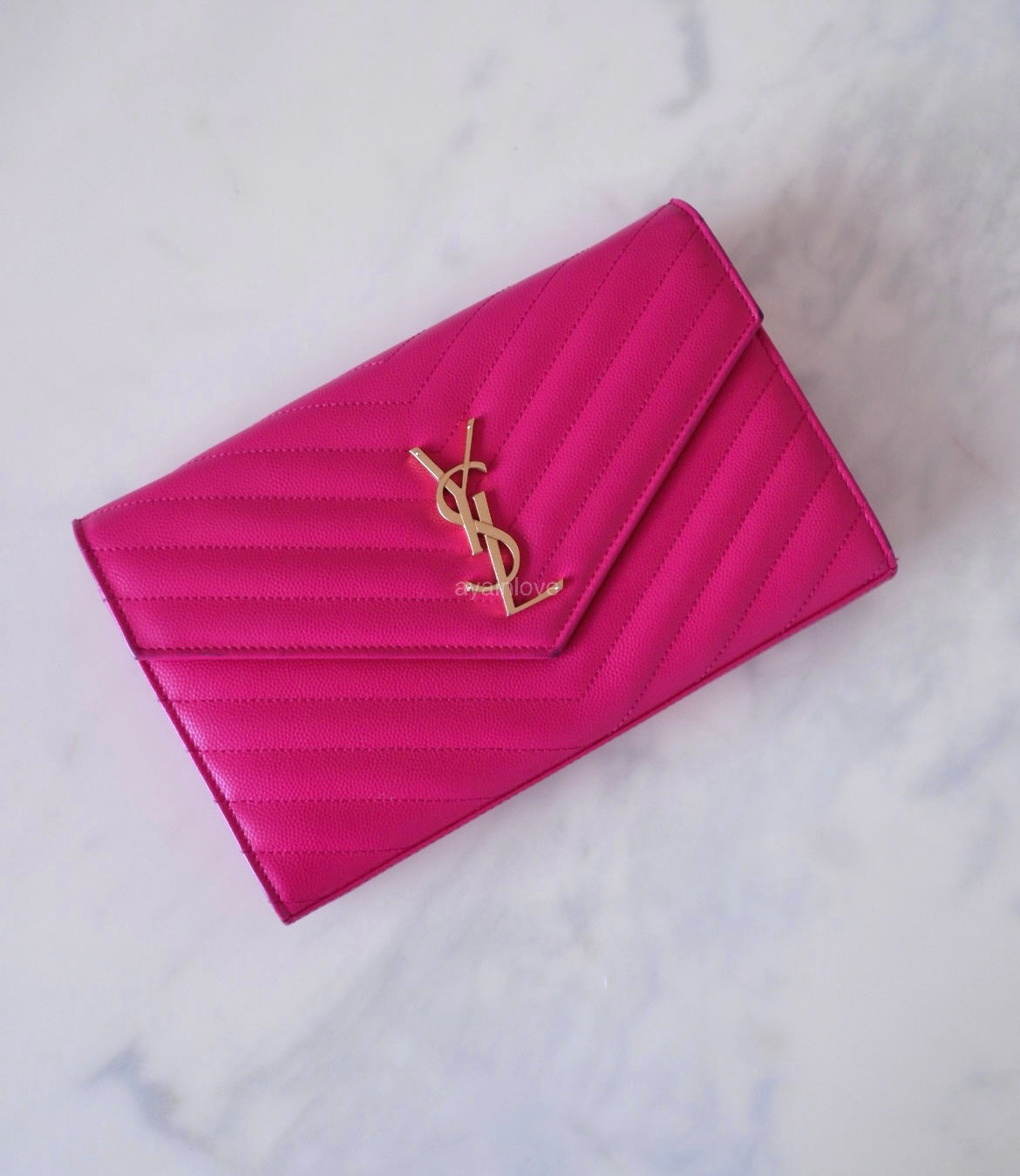 Yves Saint Laurent YSL Classic Cassandre Fuchsia Chevron Quilting Wallet on Chain Gold Hardware