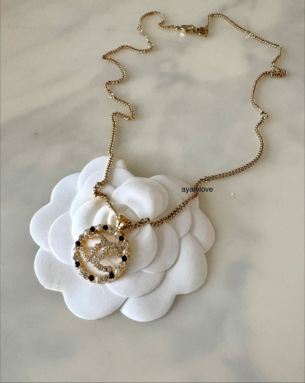 CHANEL 20K Round Pearl Crystal Black White CC Adjustable Necklace Gold Hardware