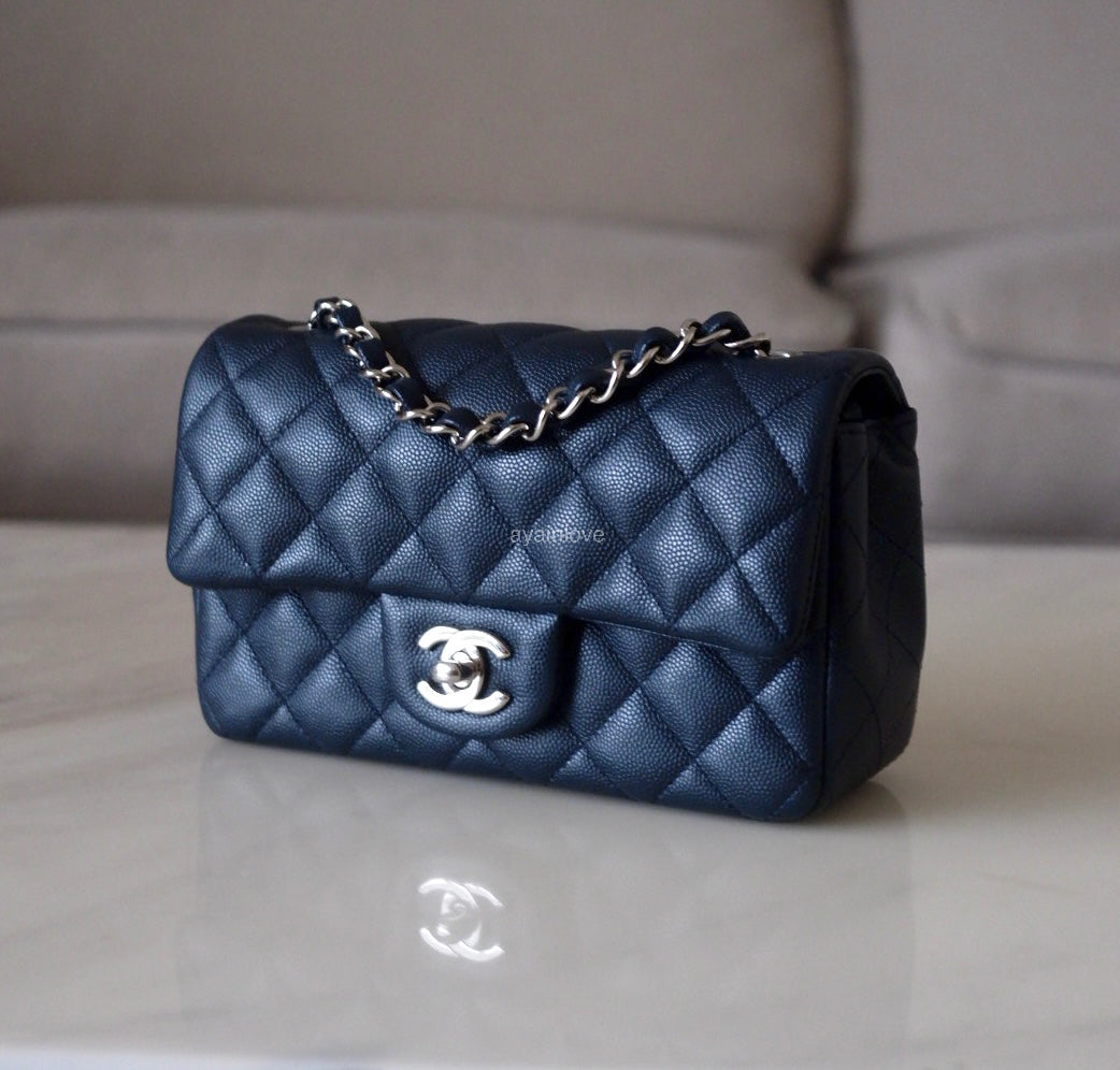 CHANEL 18B Navy Blue Caviar Quilted Rectangular Mini Flap Bag Silver Hardware
