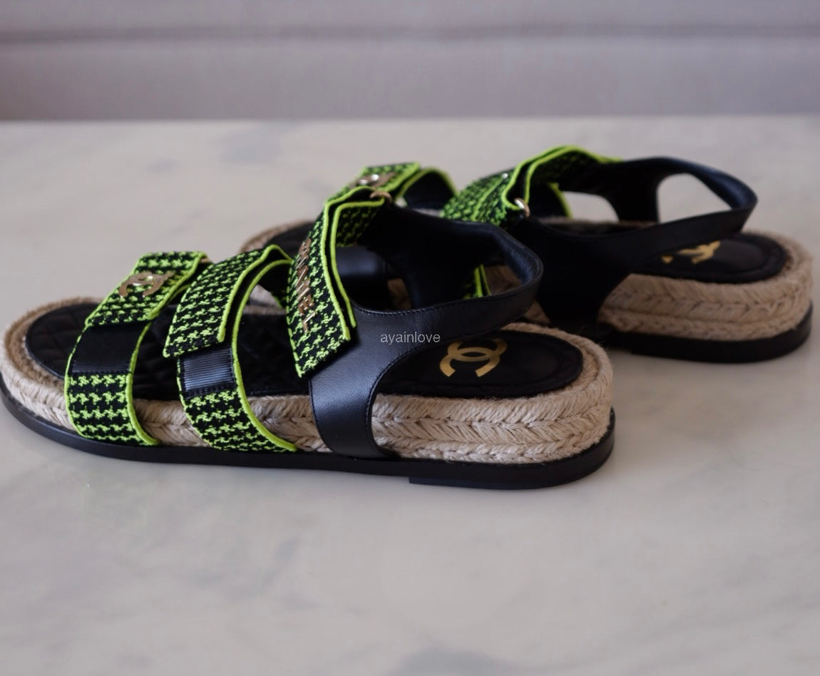 CHANEL Dad Sandals Black Green Houndstooth CC Gold Hardware Size 41