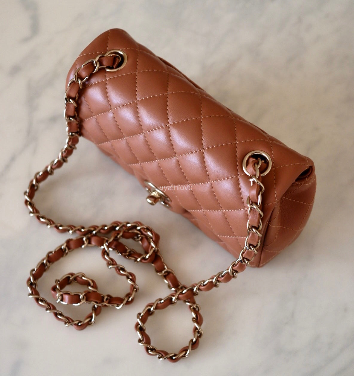 CHANEL 22S Caramel Brown Lamb Skin Rectangular Mini Light Gold Hardware