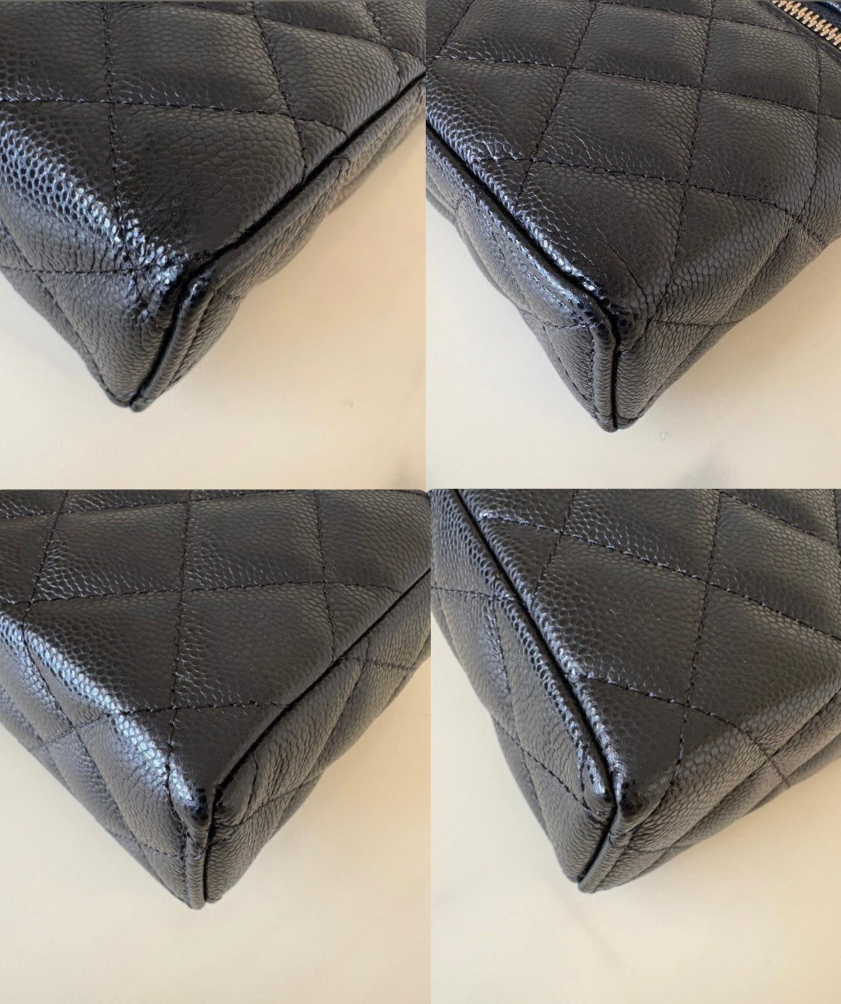 CHANEL Black Caviar Top Handle Flat Vanity on Chain Light Gold Hardware