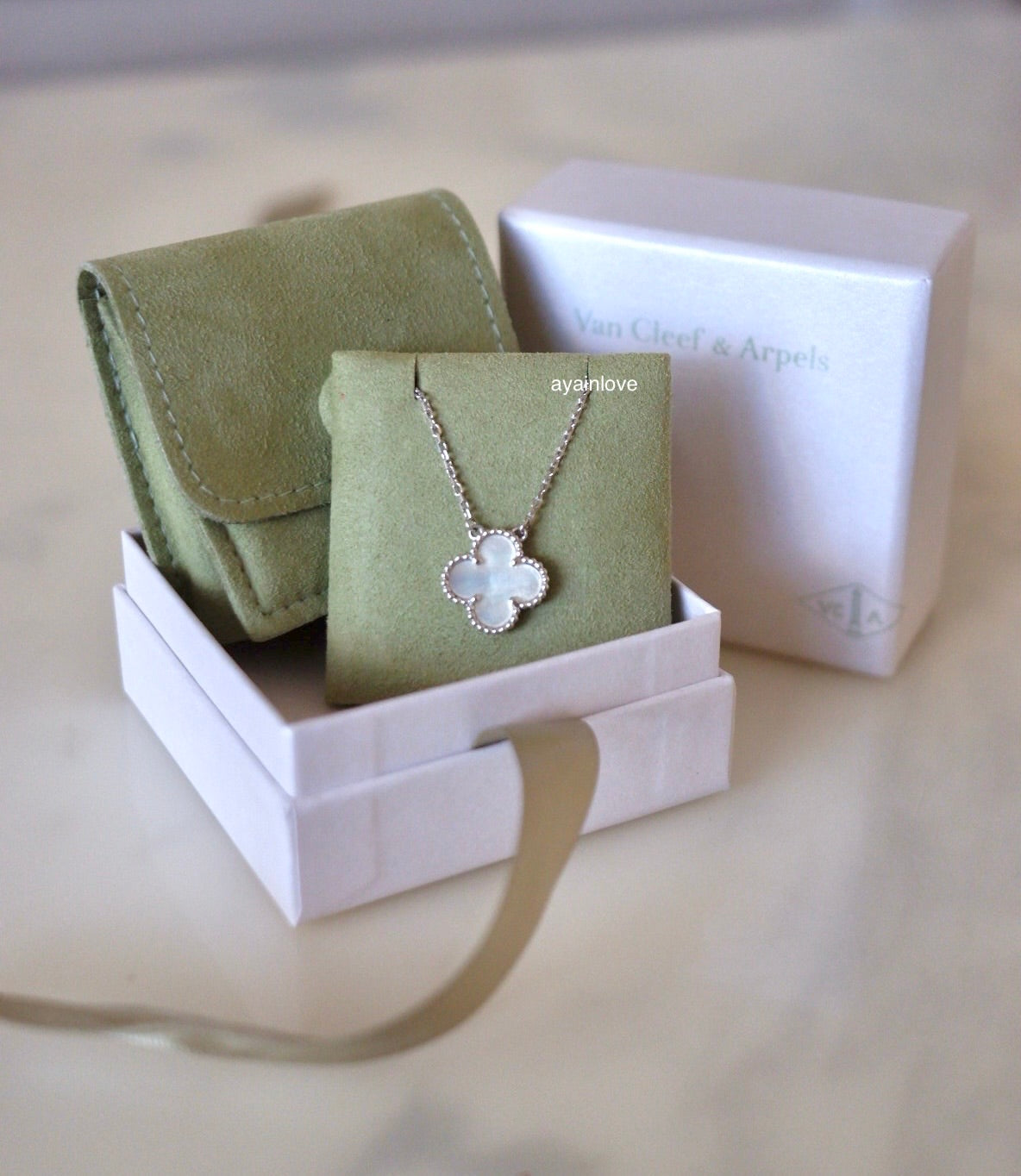 Van Cleef Arpels VCA White Mother of Pearl 18KT White Gold Vintage Alhambra Pendant Necklace