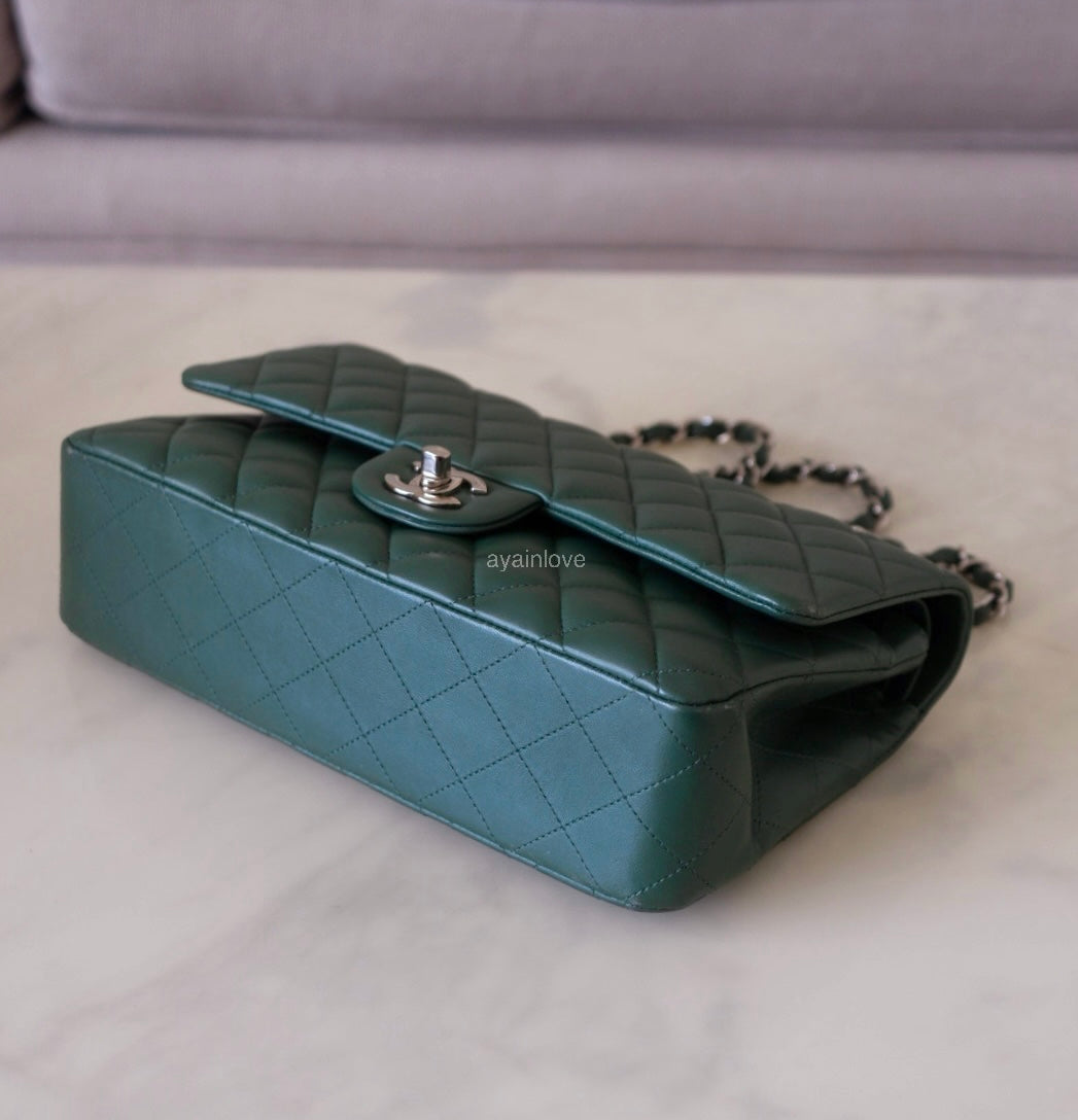CHANEL Dark Green Lambskin Medium/Large Classic Flap Silver Hardware