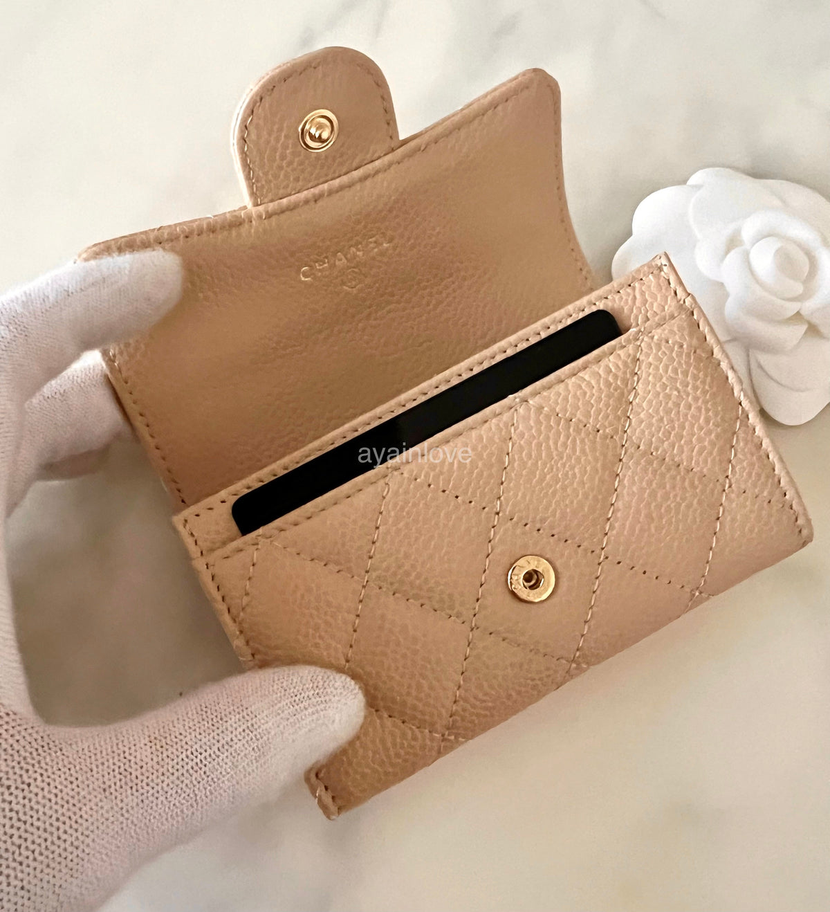 CHANEL Classic Beige Clair Caviar Small Snap Card Holder Gold Hardware