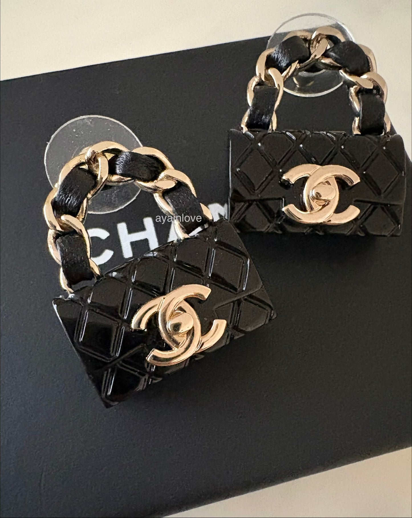 CHANEL 23C Black Classic Flap Handbag Stud Earrings Gold Hardware
