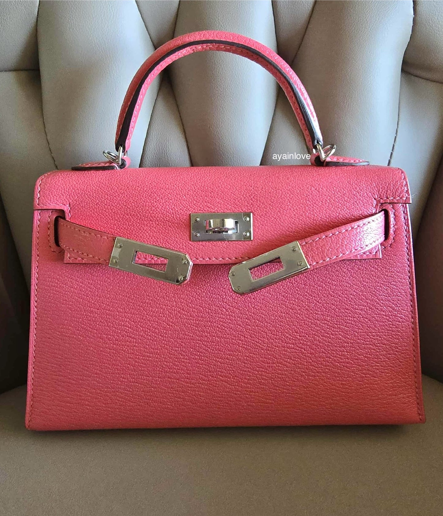 HERMES Mini Kelly 20 Pink Rose Lipstick Chèvre Mysore Palladium Hardware D Stamp