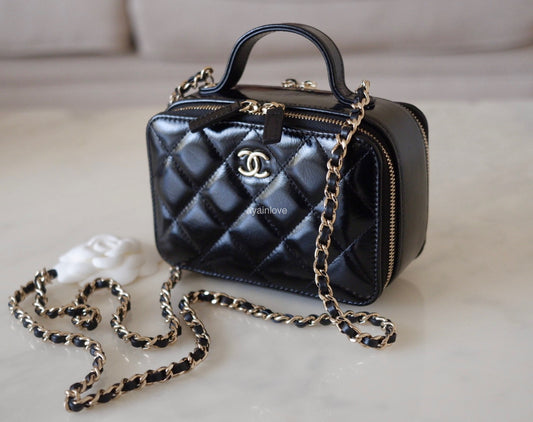 Chanel Black Quilted Patent Lambskin Small Vanity with Chain Pale Gold Hardware, 2020, Womens Handbag