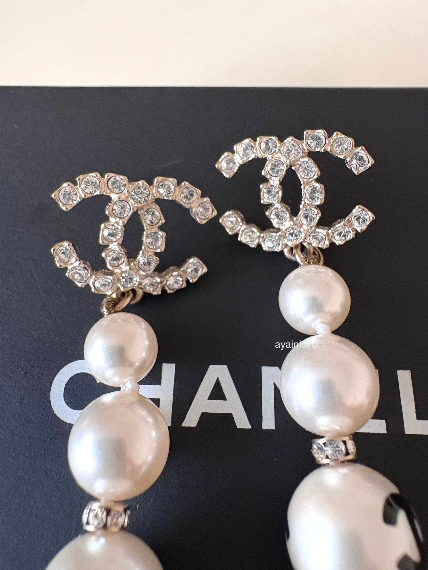 CHANEL 20P Pearl CC Crystal Drop Earrings Light Gold Hardware