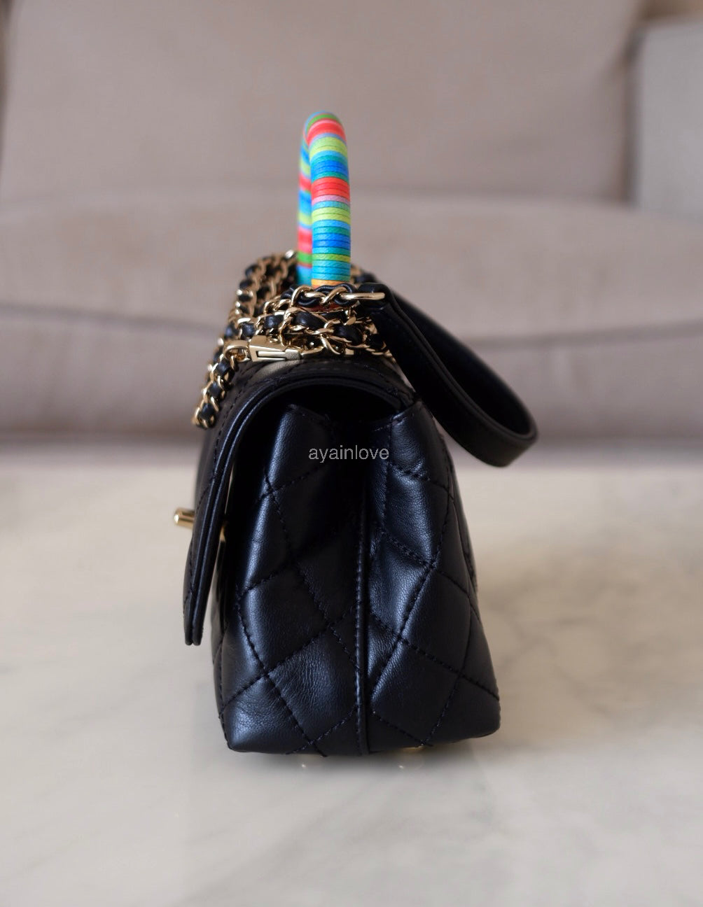 CHANEL Black Goatskin Coco Rainbow Handle Extra Mini 19cm Bag Light Gold Hardware