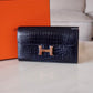 HERMES Constance Blue Marine Shiny Alligator Bicolor Verso Cuivre Long Wallet To Go Rose Gold Hardware