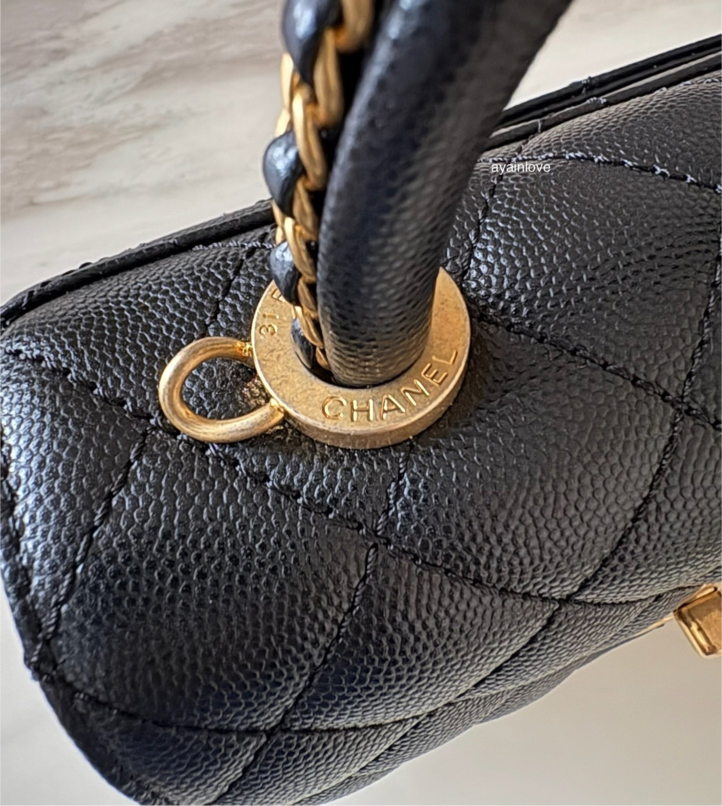 CHANEL Black Caviar Coco Chain Leather Handle Mini 19cm *Microchipped* Brushed Gold Hardware