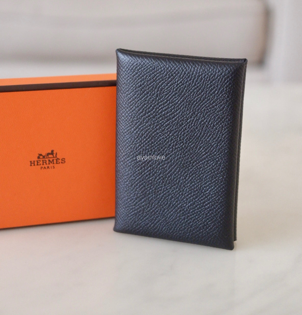 HERMES Calvi Black Noir Epsom Card Holder Palladium Hardware