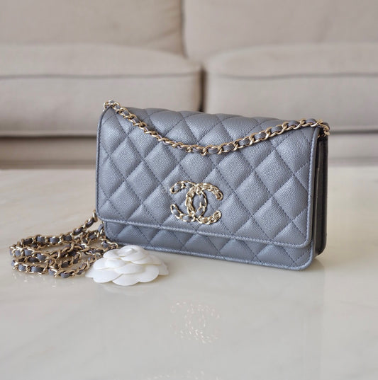 CHANEL 20K Grey Caviar Twirling CC Wallet On Chain Light Gold Hardware