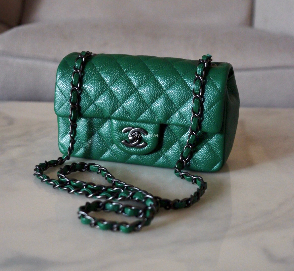 CHANEL Green Caviar Classic Quilted Rectangular Mini Flap Bag Ruthenium Hardware