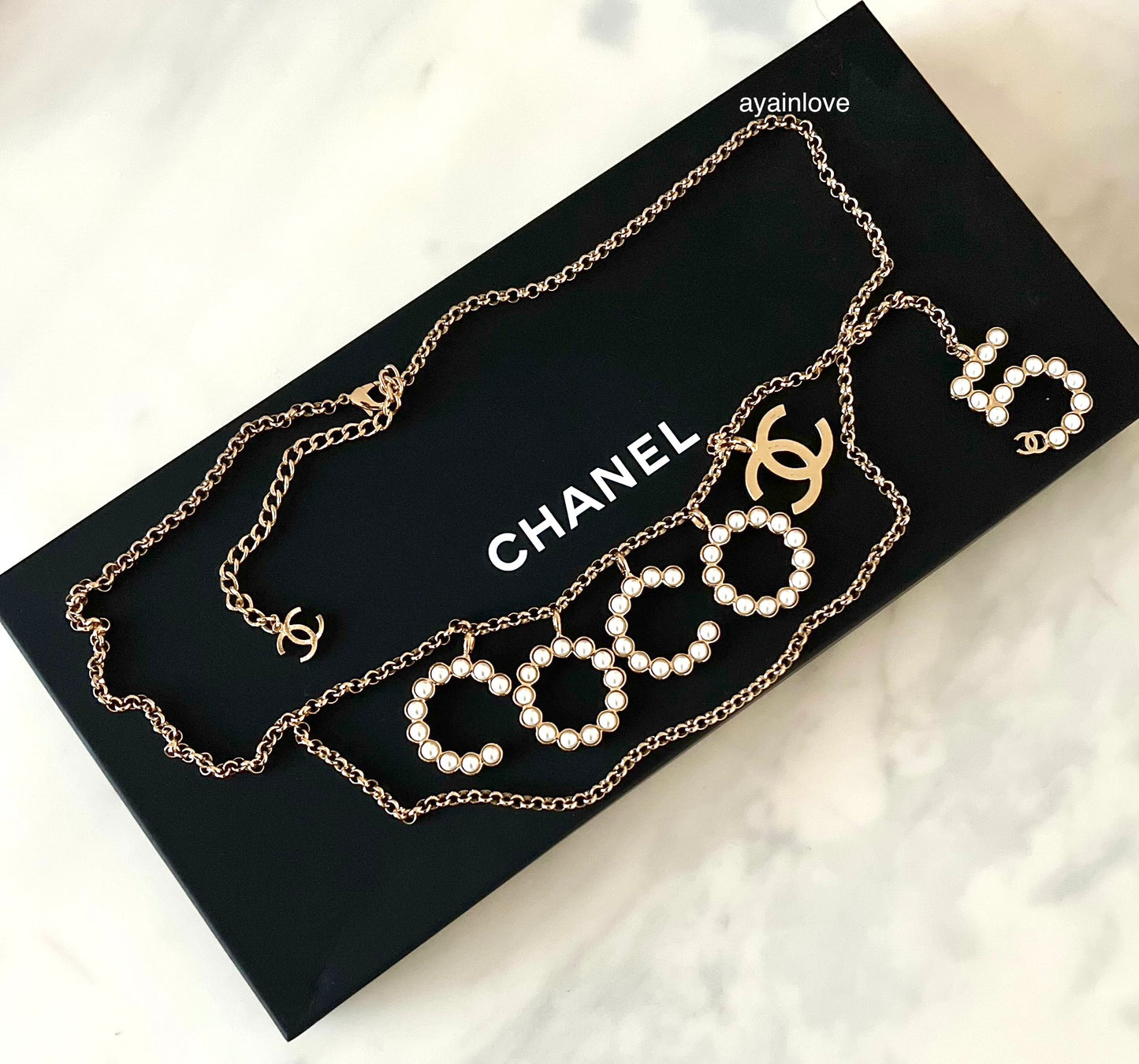CHANEL 24S Pearl COCO No. 5 Adjustable Chain Belt Gold Hardware