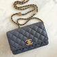 CHANEL 23K Dark Grey Caviar Camellia CC Wallet On Chain *Microchipped* Brushed Gold Hardware