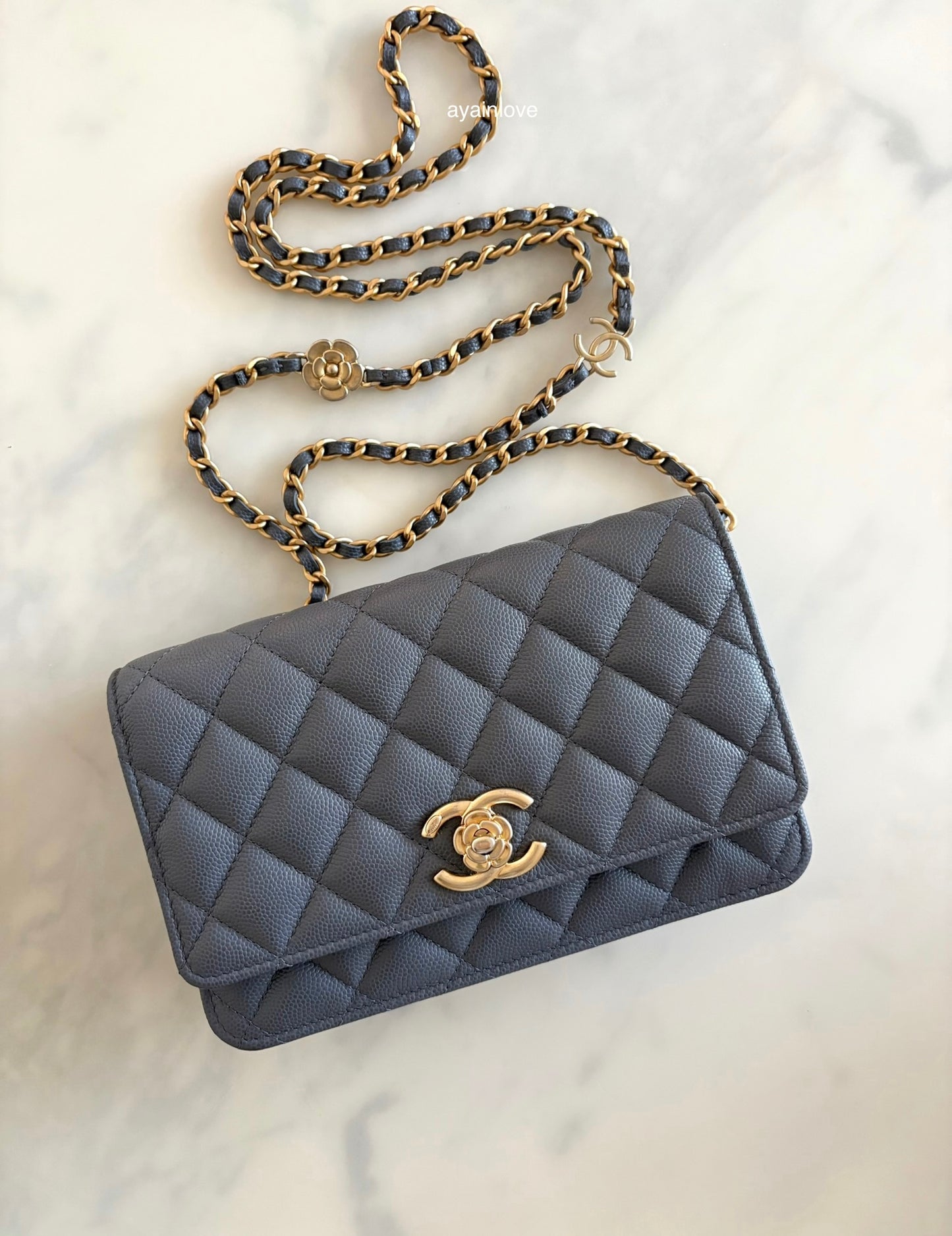 CHANEL 23K Dark Grey Caviar Camellia CC Wallet On Chain *Microchipped* Brushed Gold Hardware