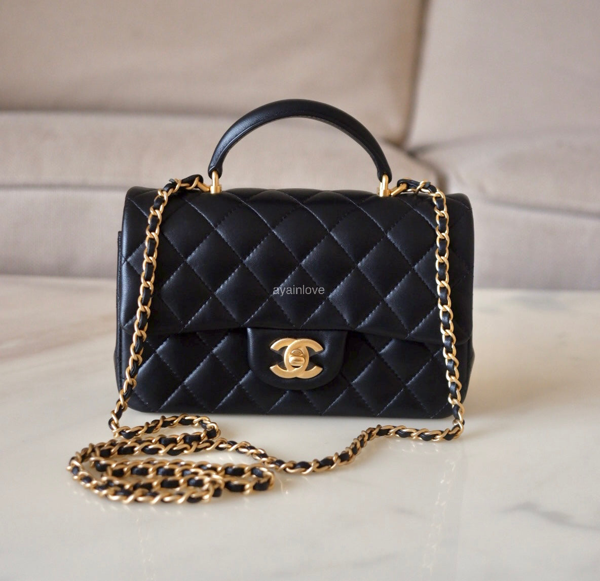 CHANEL Black Lambskin Top Handle Rectangular Mini Gold Hardware