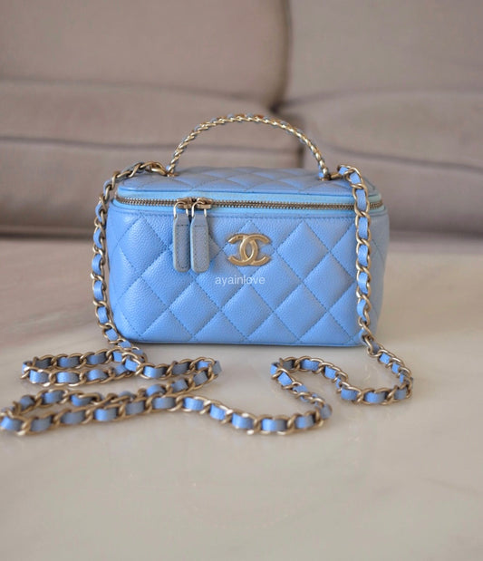 CHANEL 22S Pick Me Up Blue Caviar Top Handle Script Vanity Gold Hardware