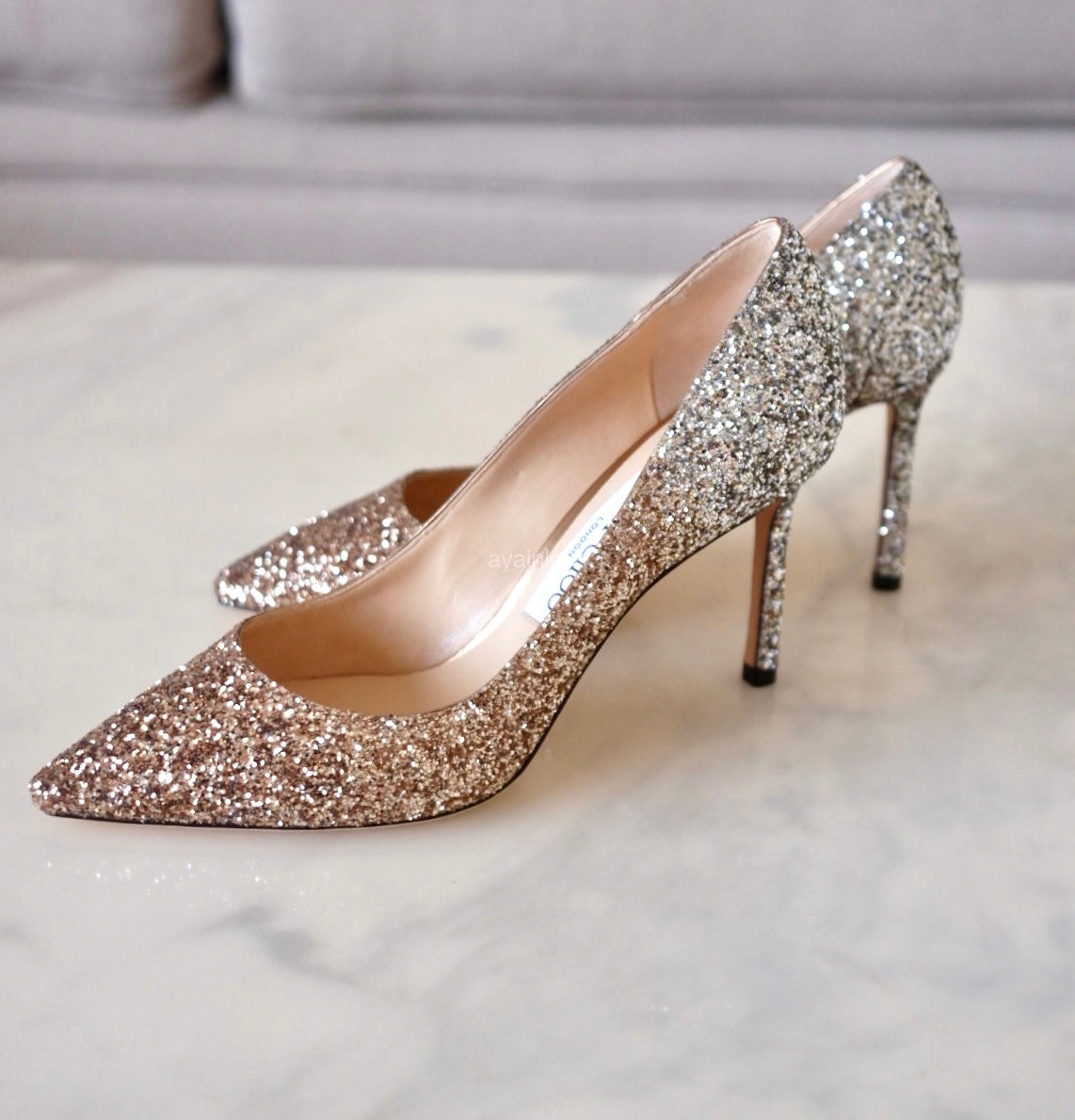 JIMMY CHOO Romy Triple Glitter Degradation Rose Gold, Gold and Silver Pumps Heel Shoes Size 37.5