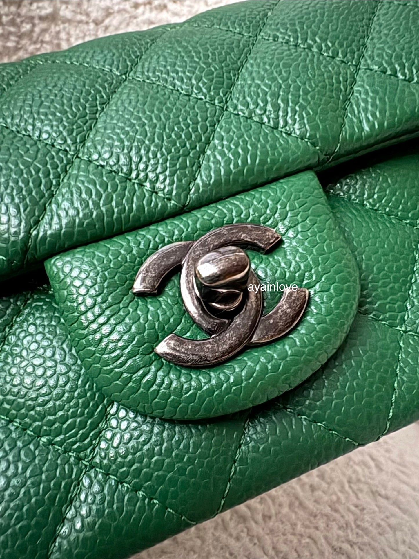 CHANEL Green Caviar Classic Quilted Rectangular Mini Flap Bag Ruthenium Hardware