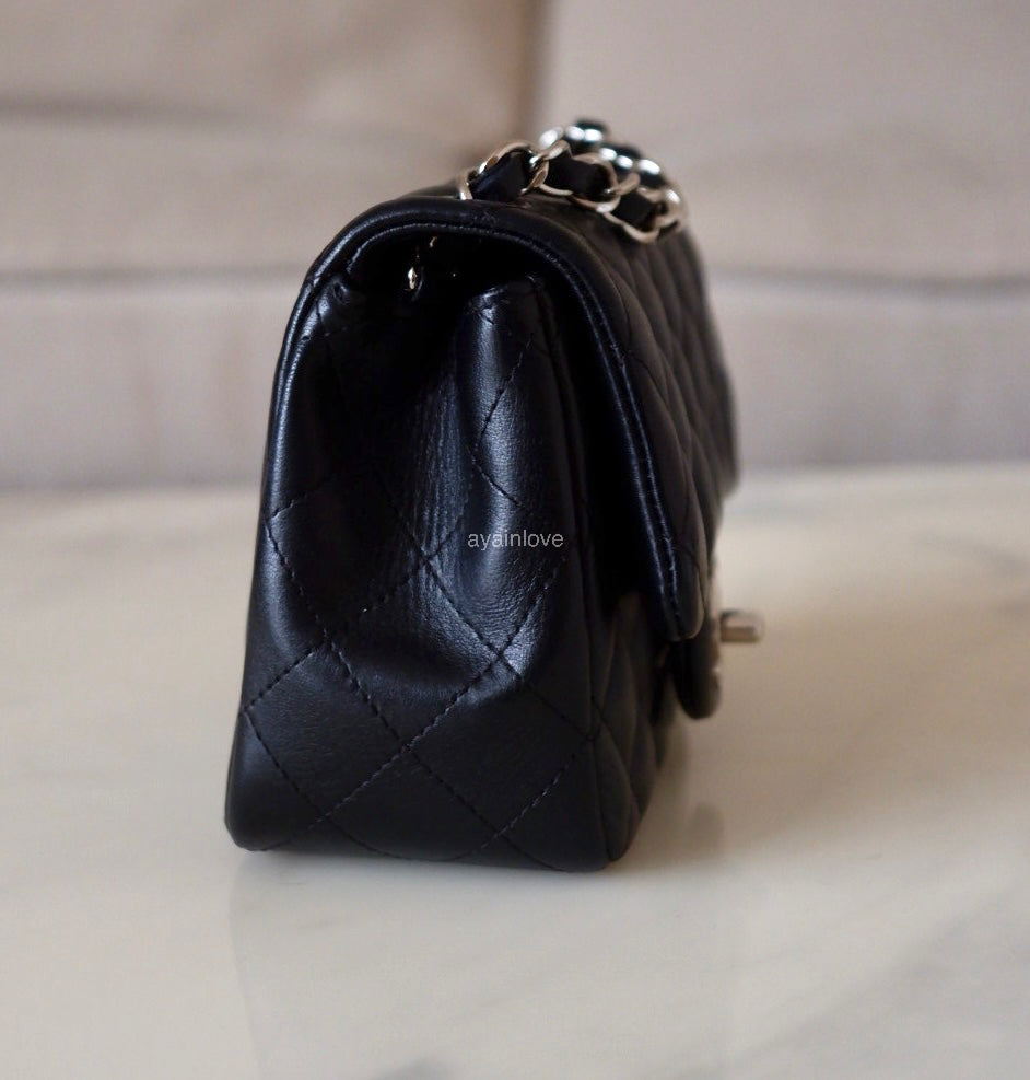 CHANEL Black Classic Quilted Square Mini Flap Bag Silver Hardware
