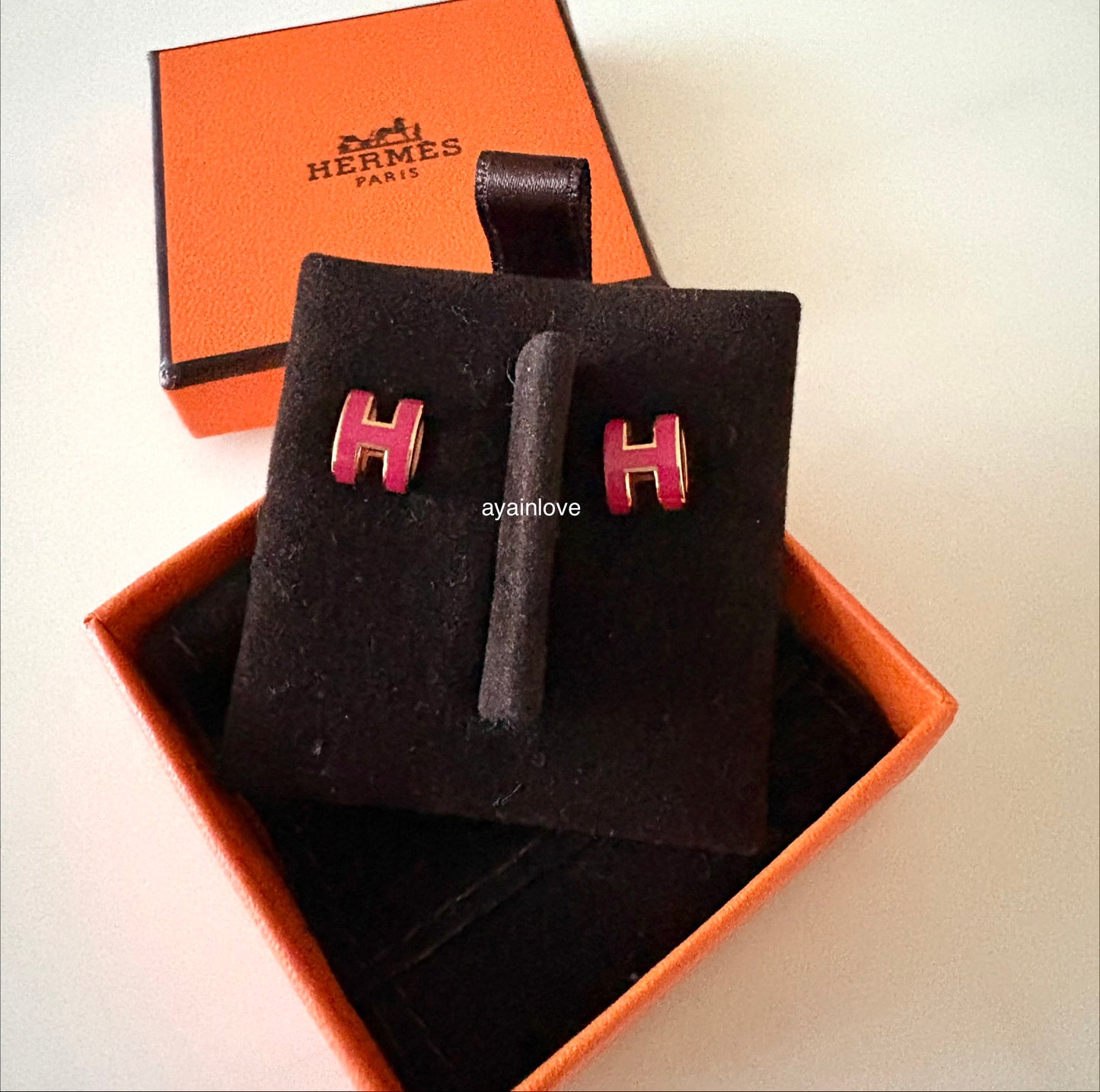HERMES H Pop Mini Framboise Stud Earrings Rose Gold Hardware
