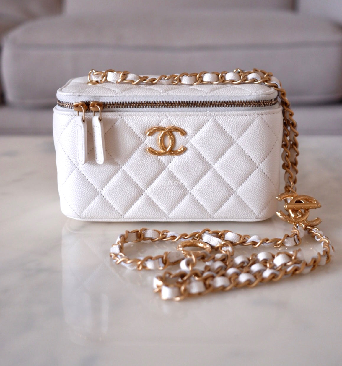 CHANEL Iridescent White Caviar Rectangular Vanity on Adjustable Chain Strap Oversized CC Gold Hardware