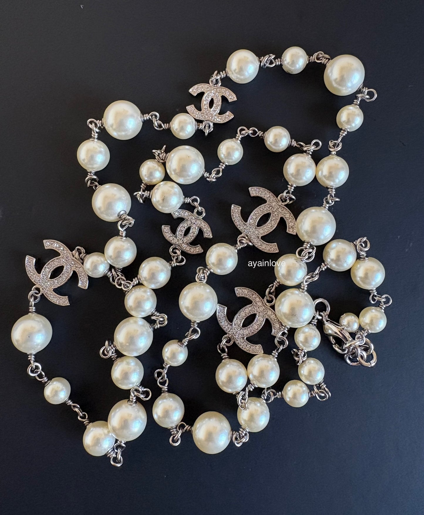 CHANEL 18V Classic Pearl CC Long Necklace Silver Hardware