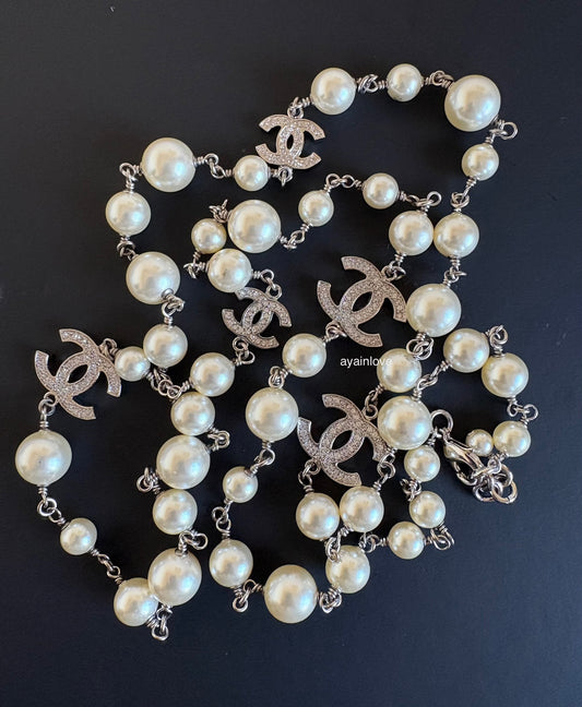 CHANEL 18V Classic Pearl CC Long Necklace Silver Hardware