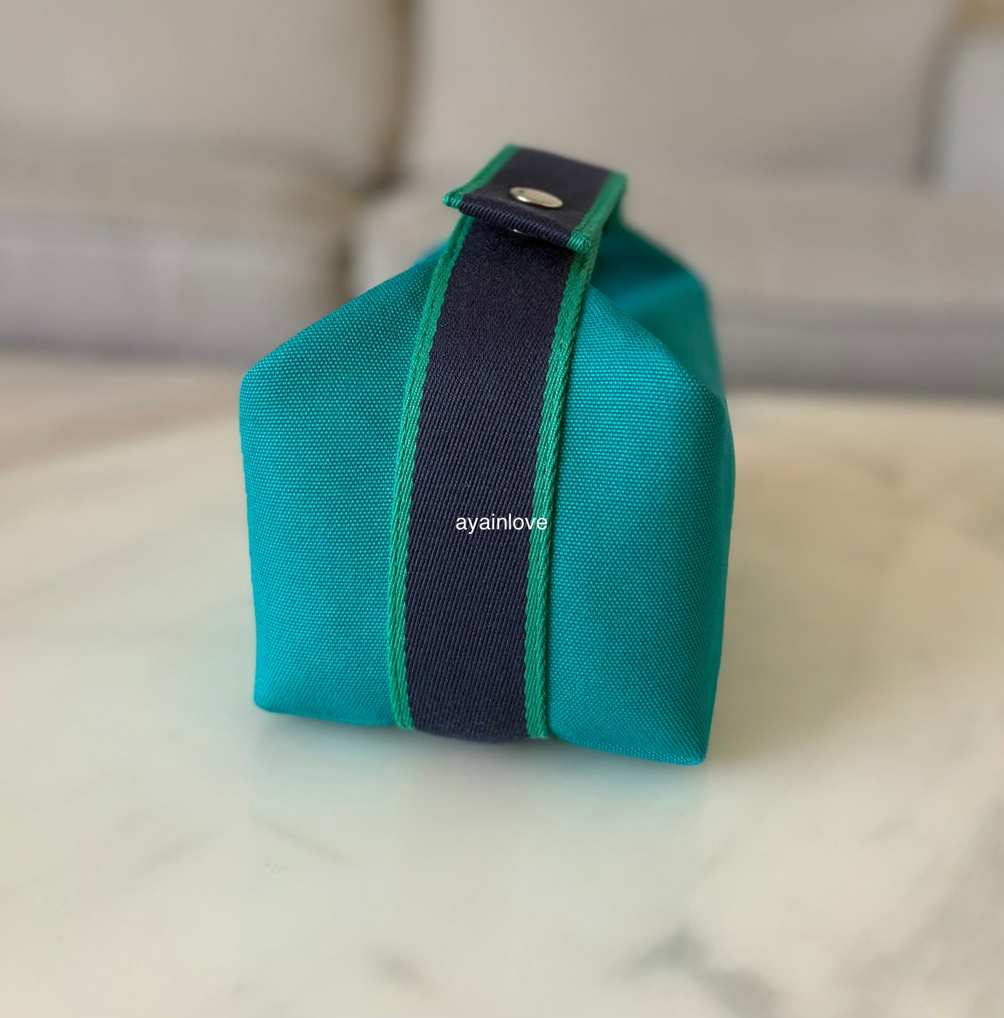 HERMES Bride-A-Brac Green Canvas Toilette Au Carre Case Small PM Palladium Hardware