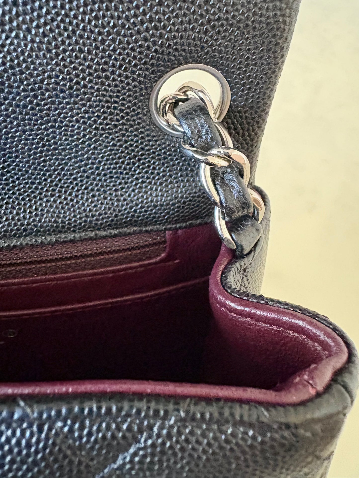 CHANEL 17B Black Caviar (Burgundy Interior) Quilted Square Mini Flap Bag Silver Hardware