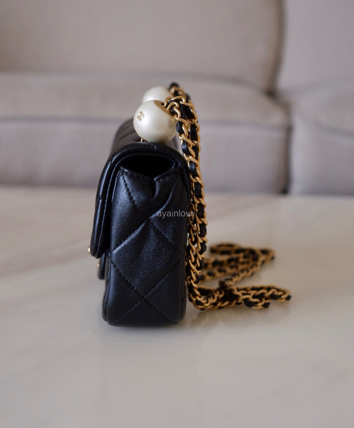 CHANEL 24S Black Lambskin Twin Pearls Quilted Mini Flap Bag Adjustable Gold Hardware