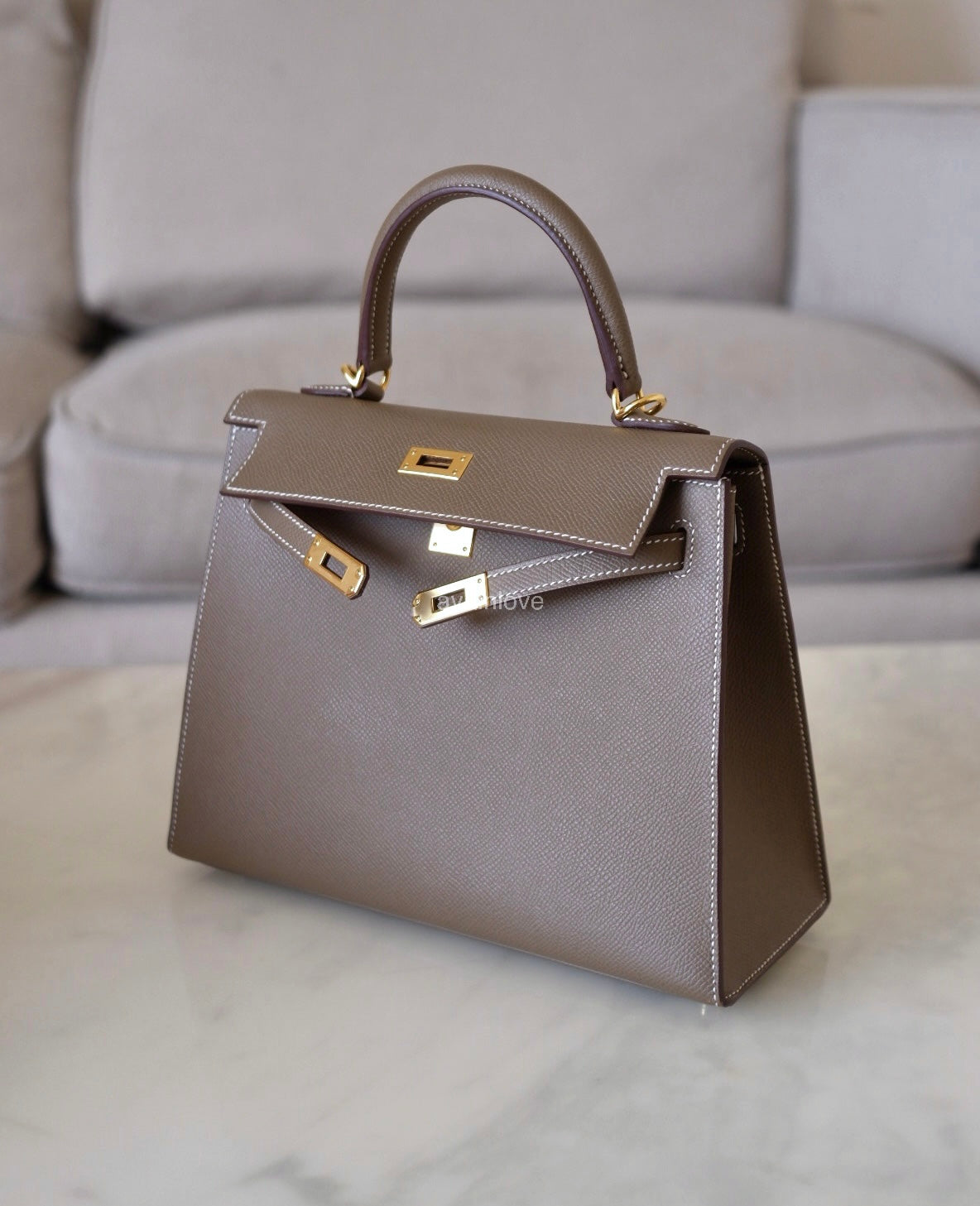 HERMES Kelly 25 Etoupe Epsom Bag Gold Hardware W Stamp